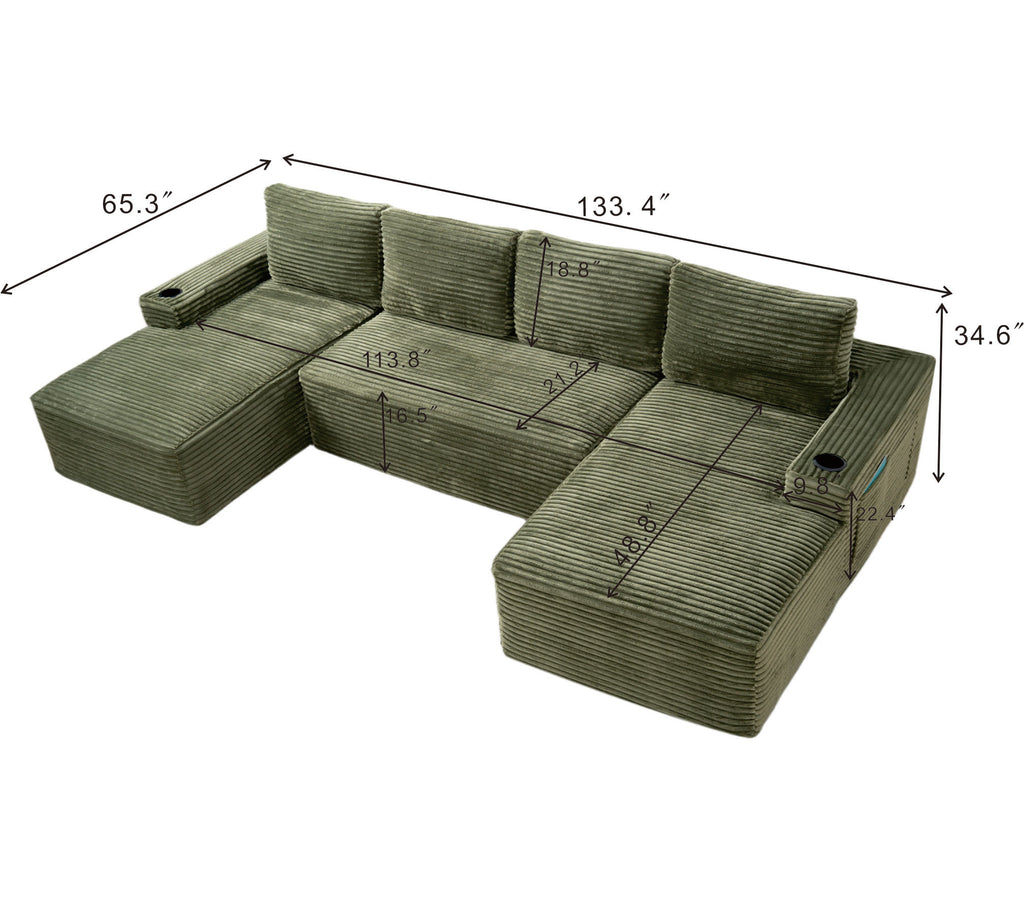 Green corduroy sectional sofa U-shape with labeled dimensions on seating