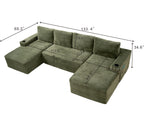 Green corduroy sectional sofa U-shape with labeled dimensions on seating