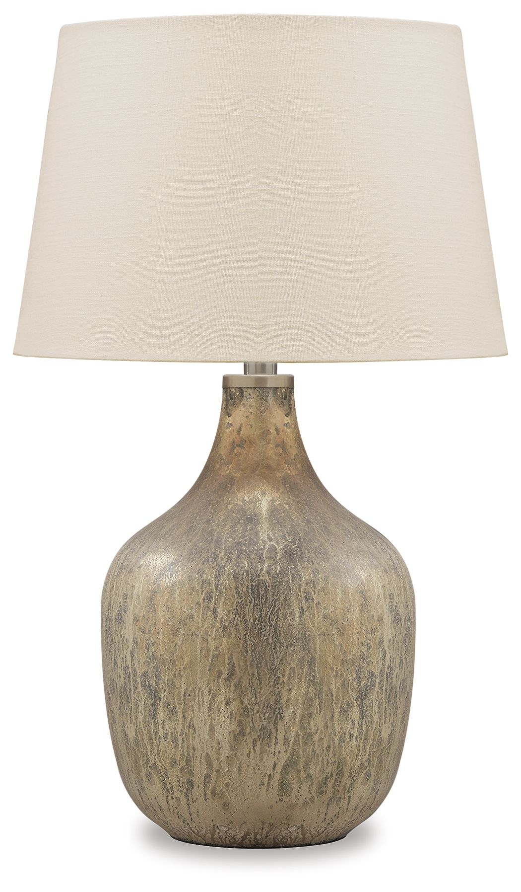 Gray glass table lamp with beige fabric shade and gold-toned base