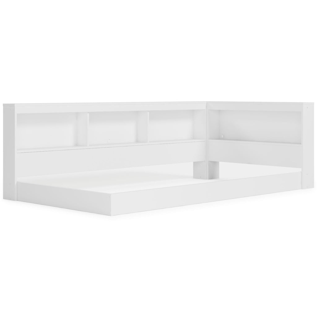 White bookcase storage bed with low platform and open shelving compartments along sides