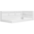 White bookcase storage bed with low platform and open shelving compartments along sides