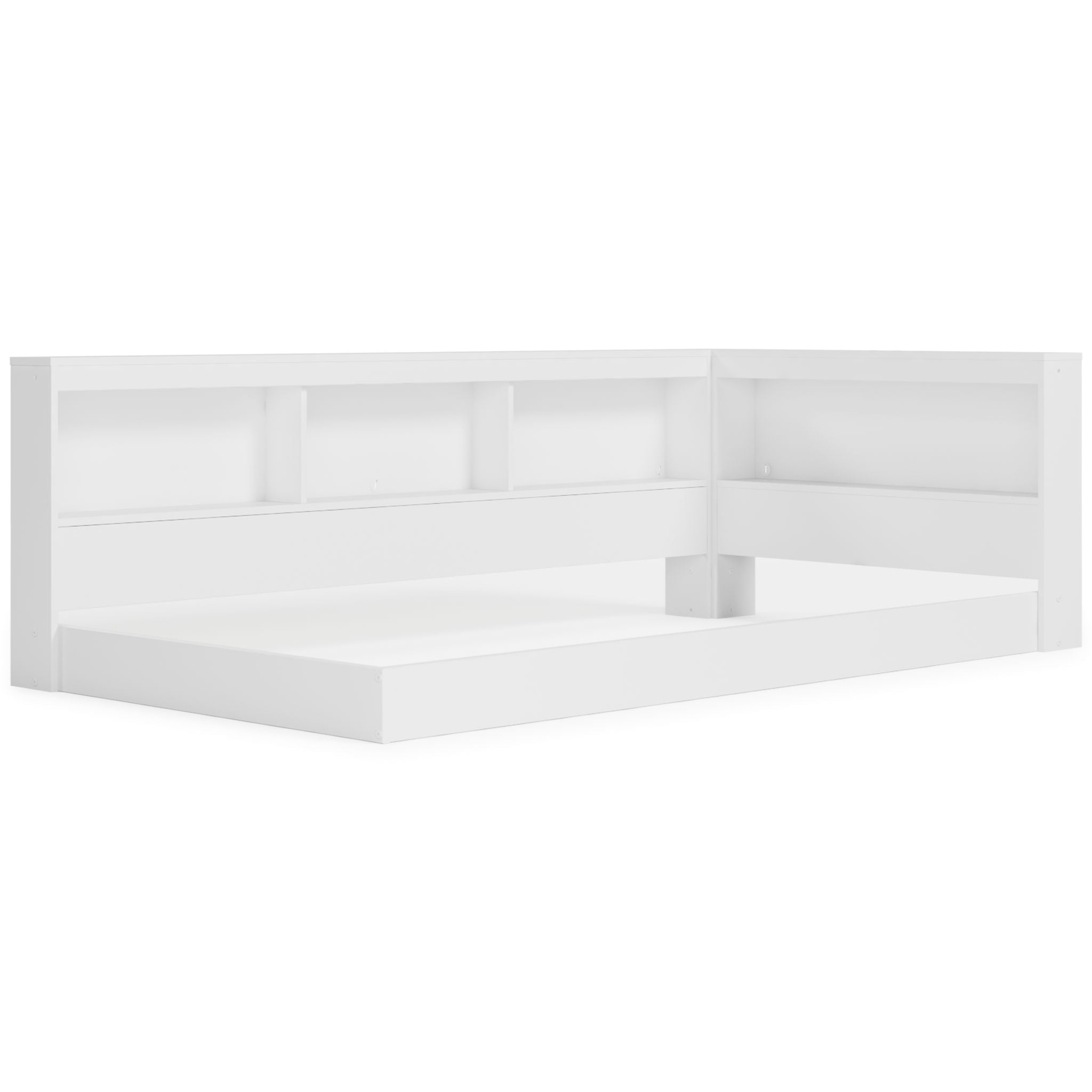 White bookcase storage bed with low platform and open shelving compartments along sides