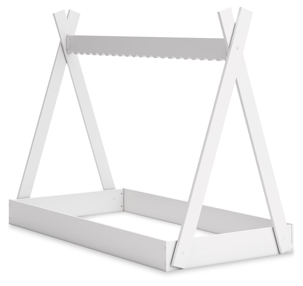 White tent bed frame with open base platform and mattress, front view
