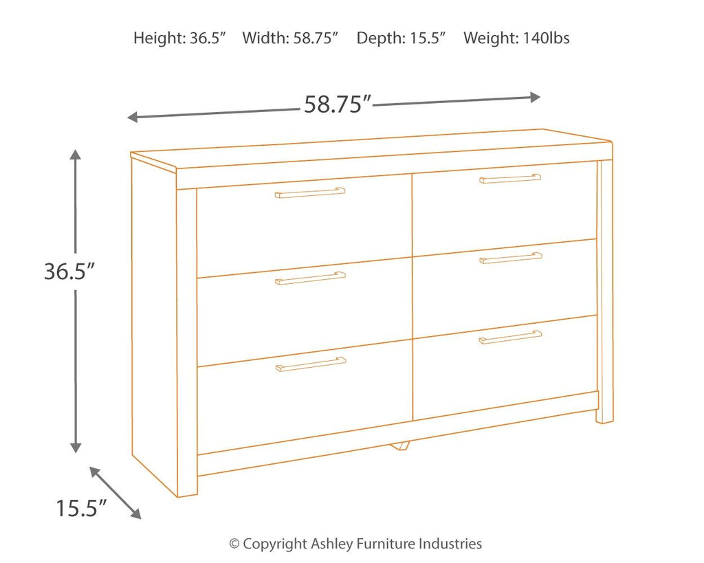Gray wood dresser front with six drawers, showing height, width, and depth