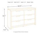 Gray wood dresser front with six drawers, showing height, width, and depth