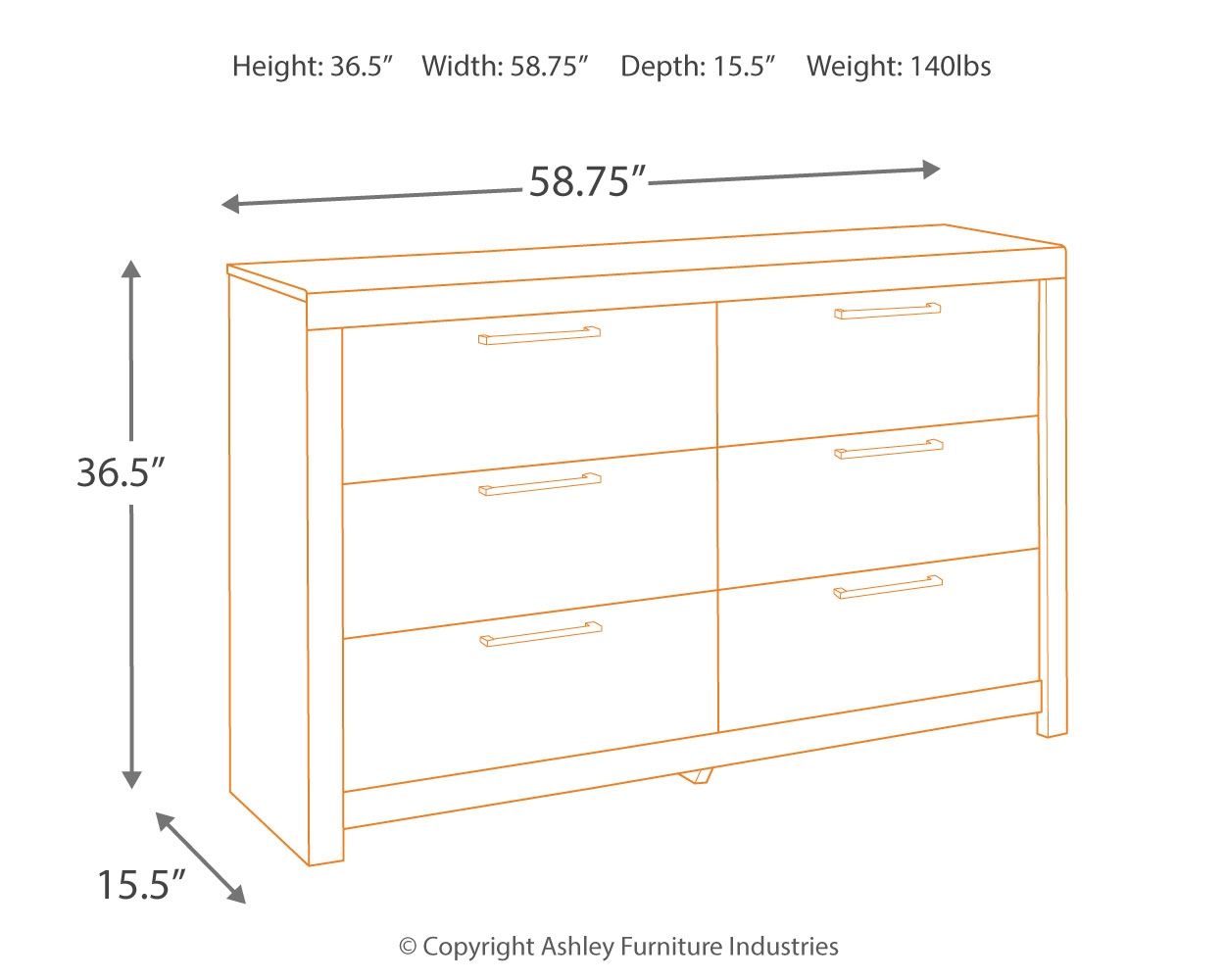 Gray wood dresser front with six drawers, showing height, width, and depth