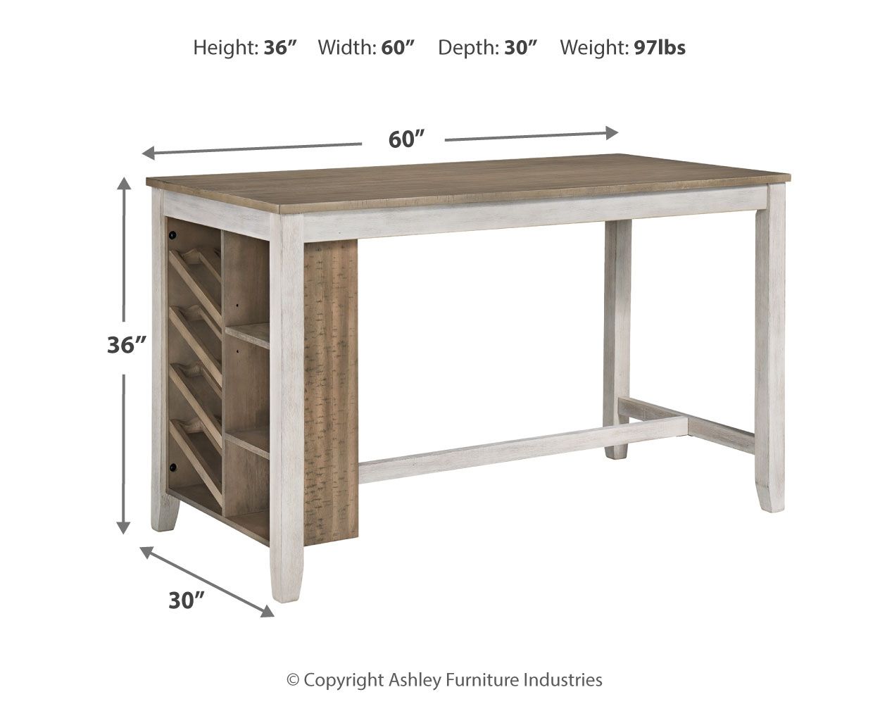 Rectangular counter table with storage, side view with open cabinet shelves