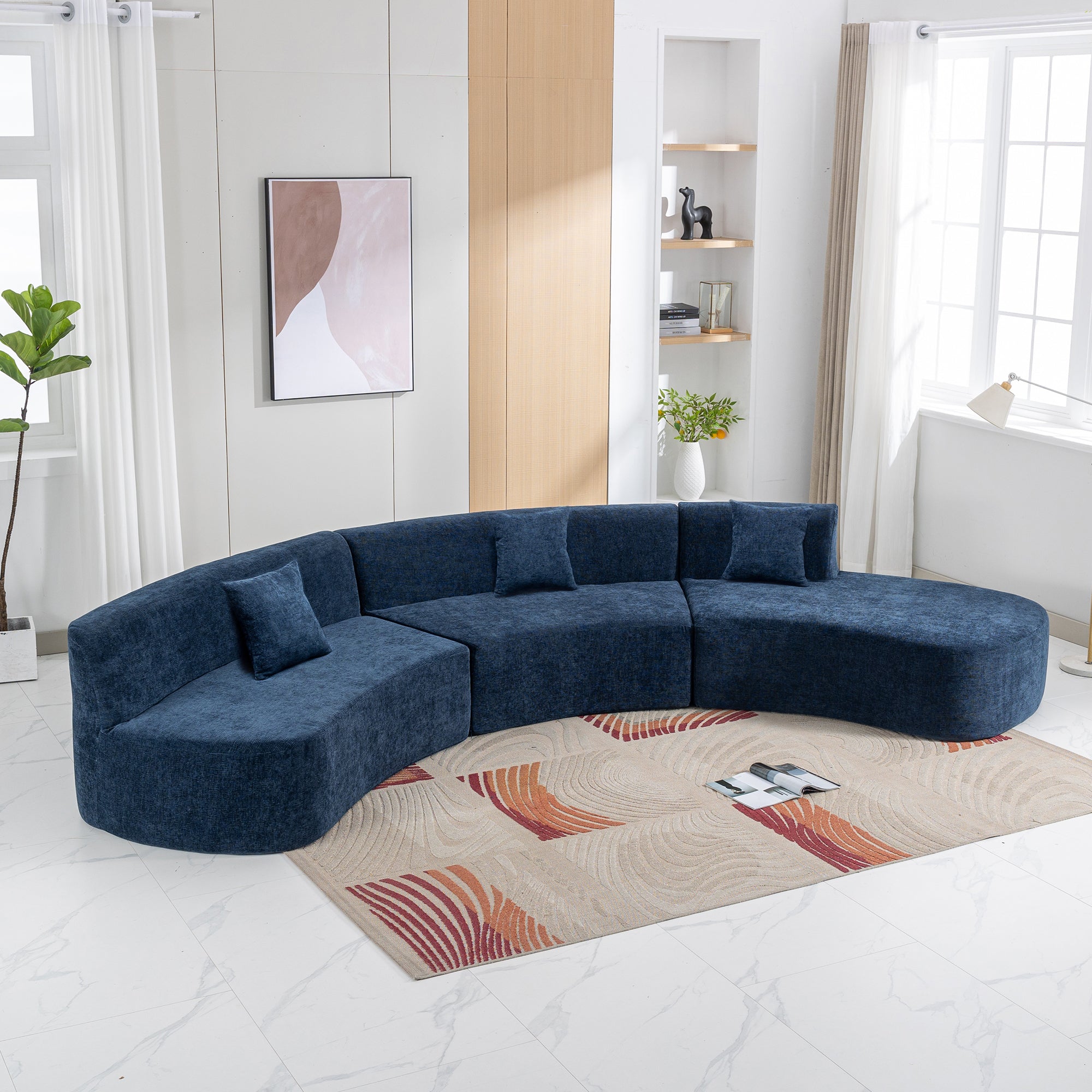 136.6" Blue Chenille Curved Sectional Sofa with Throw Pillows-American Furniture Outlet -American Furniture Outlet