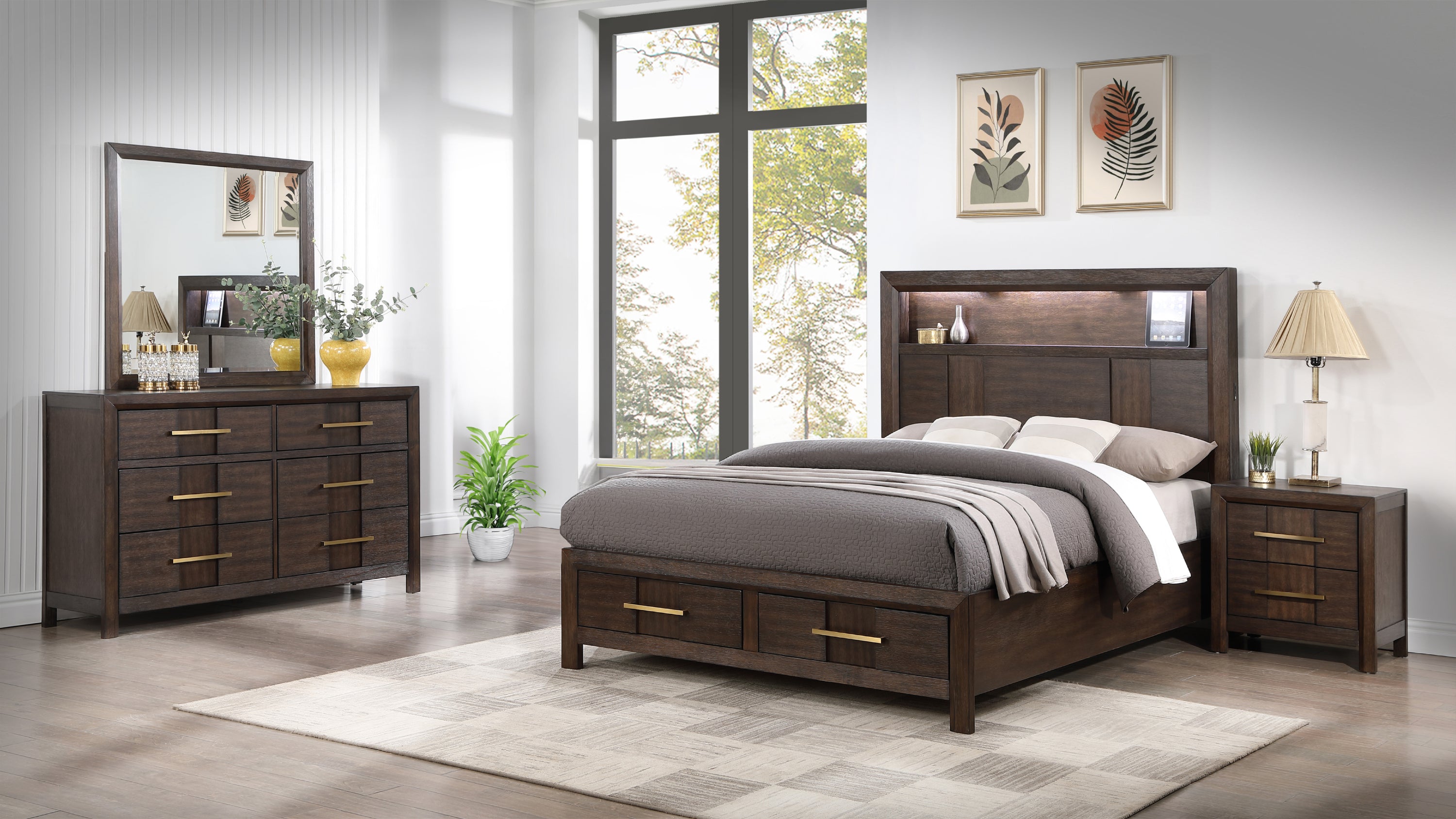 KENZO King 4PC Storage Bedroom Set: LED, Bluetooth, USB - Walnut