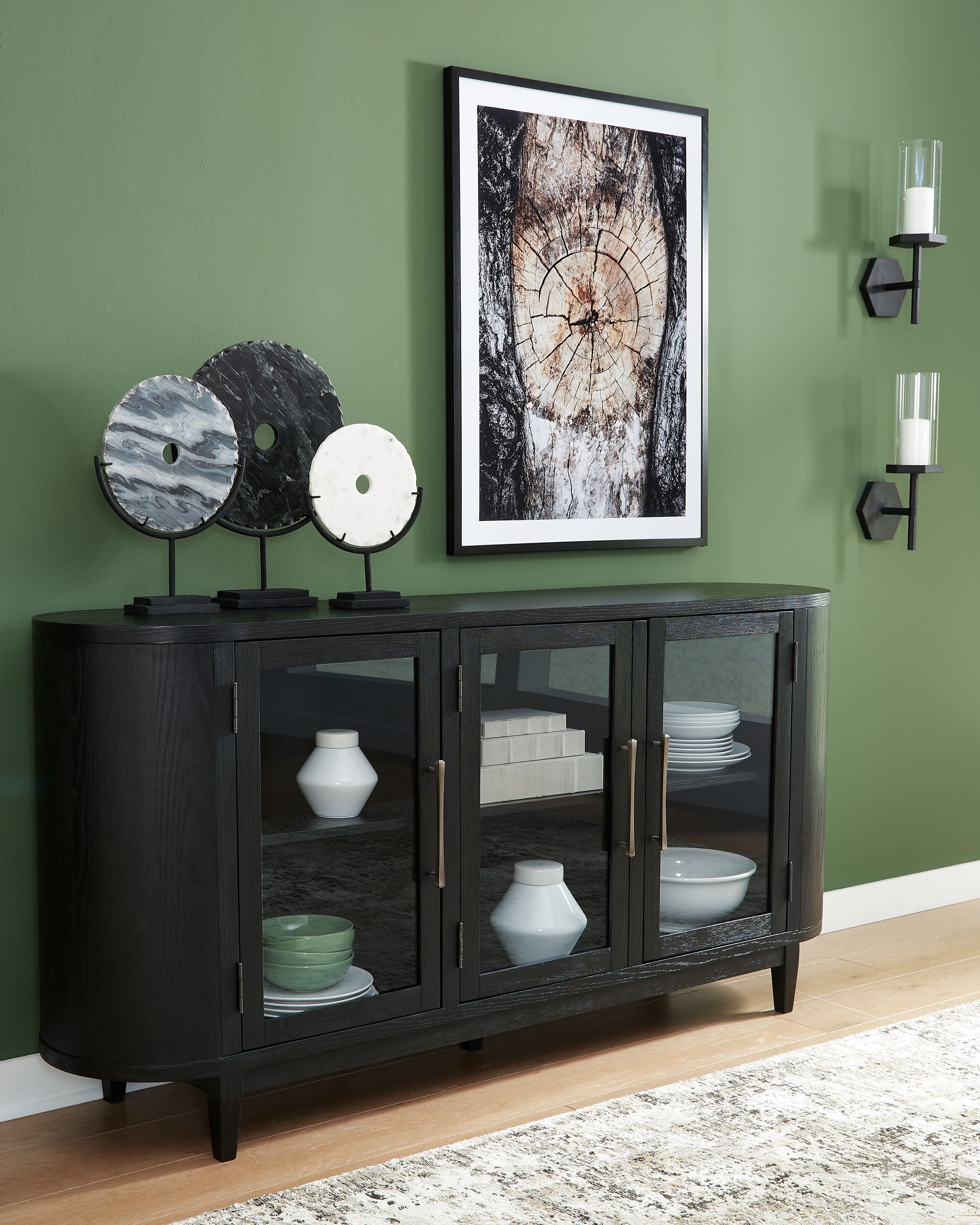 Black dining room server with three glass front cabinet doors