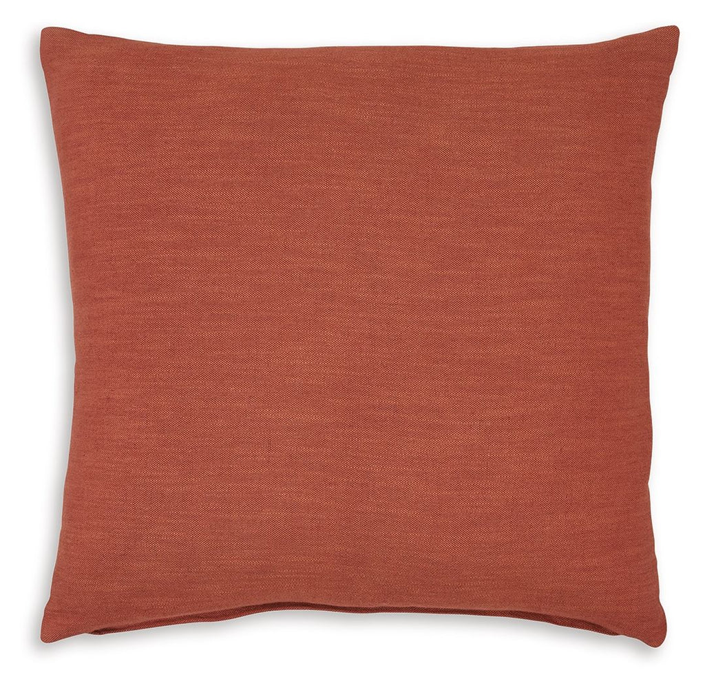 Rust orange square throw pillow with plain woven texture and stitched edges
