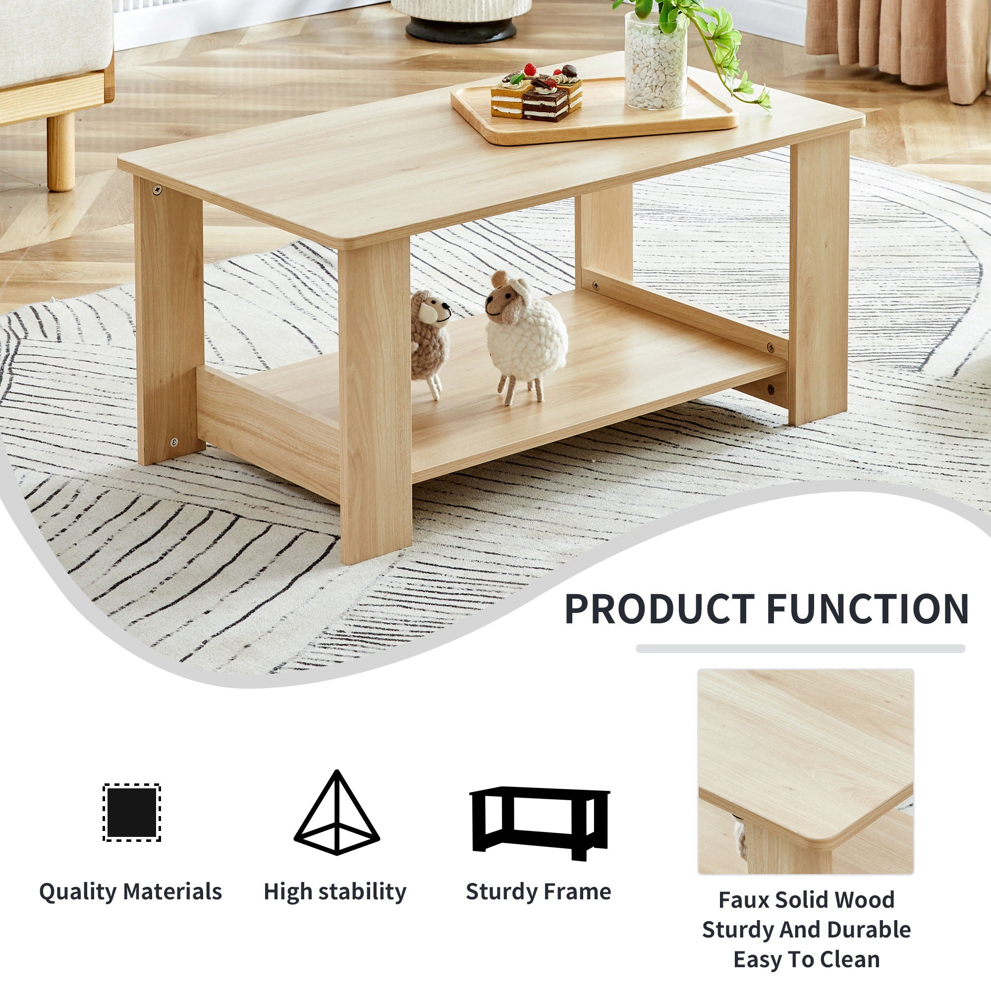 Modern Minimalist Log Colored Double Layered Rectangular Coffee Table, Tea Table.Mdf Material Is More Durable, Suitable For Living Room, Bedroom, And Study Room