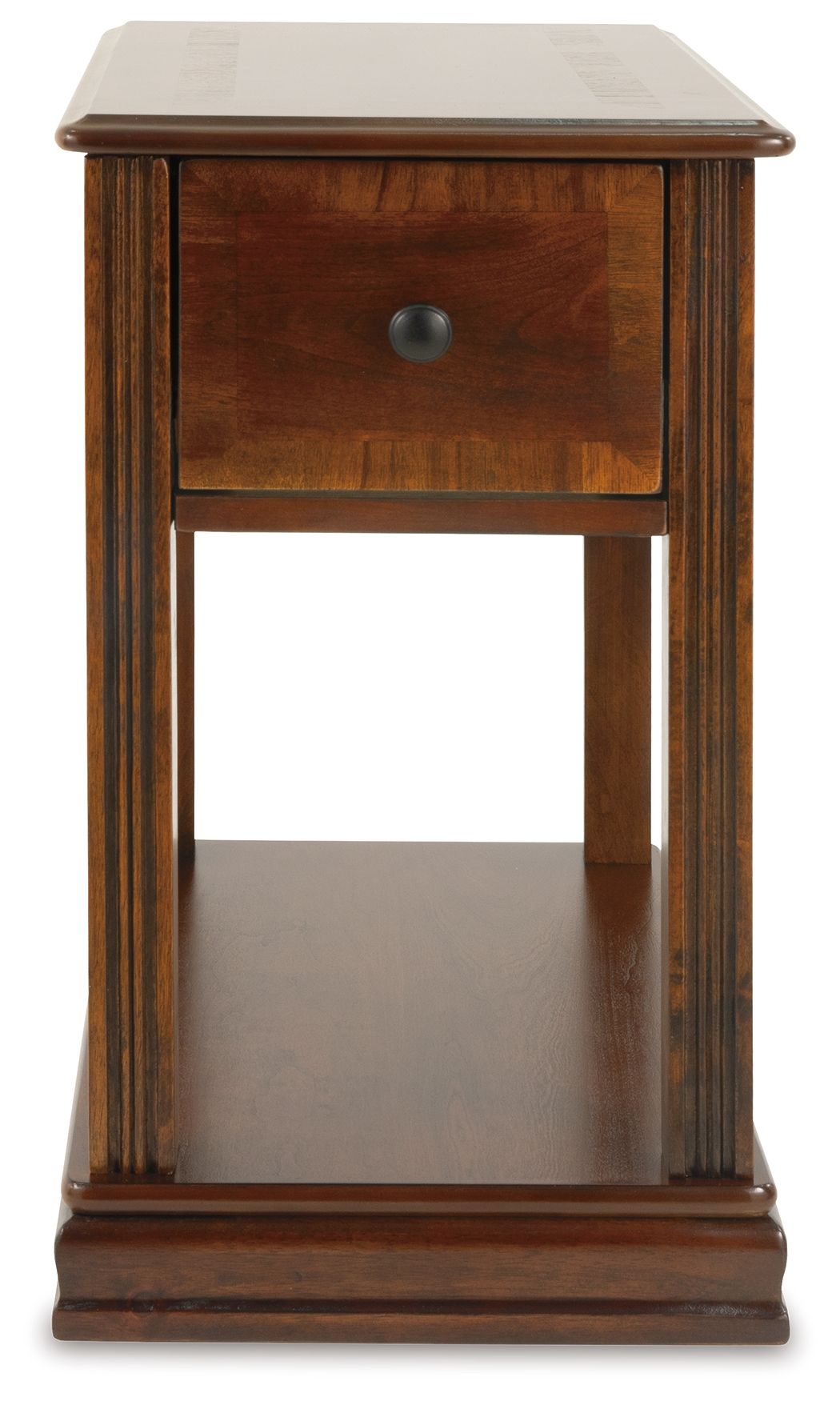 Brown end table with drawer and lower shelf, removable tray top, front view