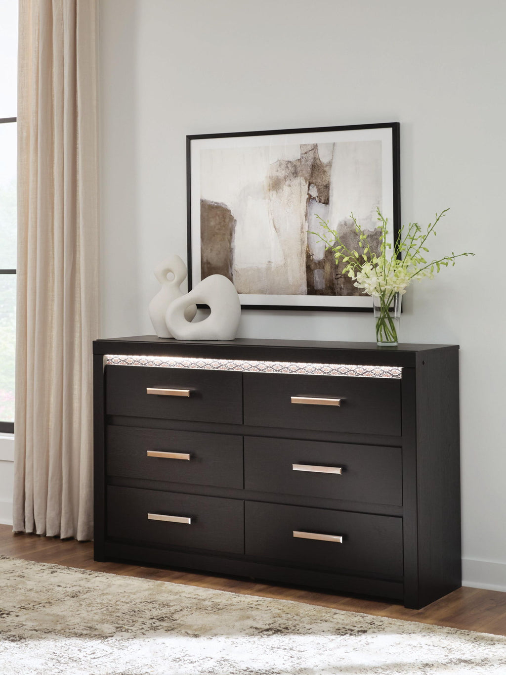 Black six-drawer dresser with square mirror and six silver bar handles
