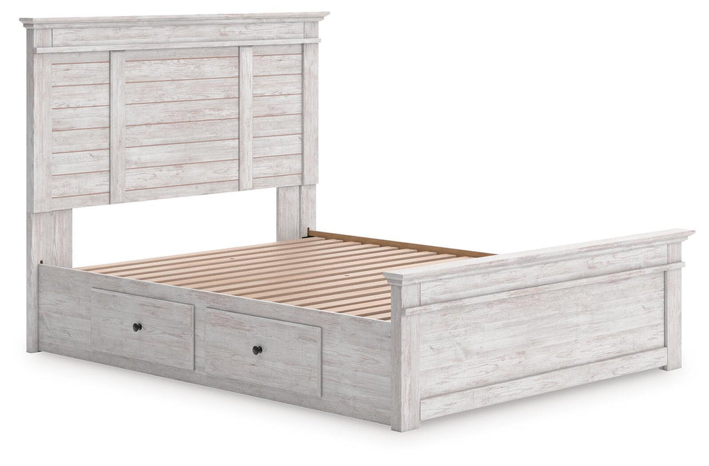 Panel storage bed in light gray wood with open slat base and two front drawers
