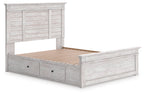 Panel storage bed in light gray wood with open slat base and two front drawers