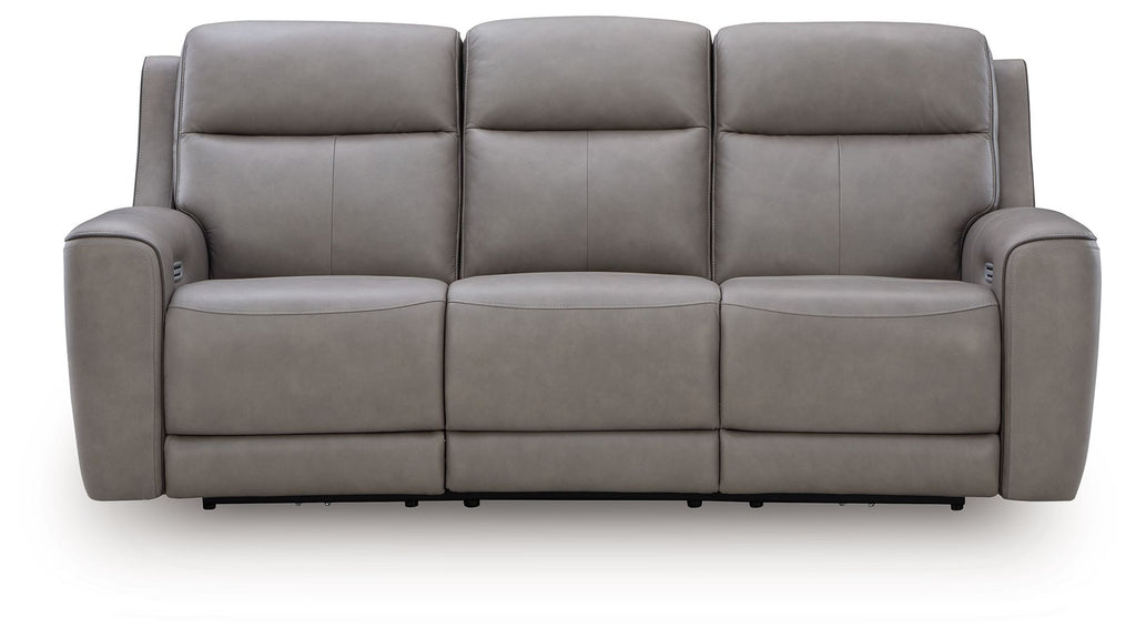 Power reclining sofa with adjustable headrests, light gray upholstery, three-seat design