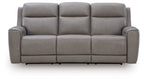 Power reclining sofa with adjustable headrests, light gray upholstery, three-seat design