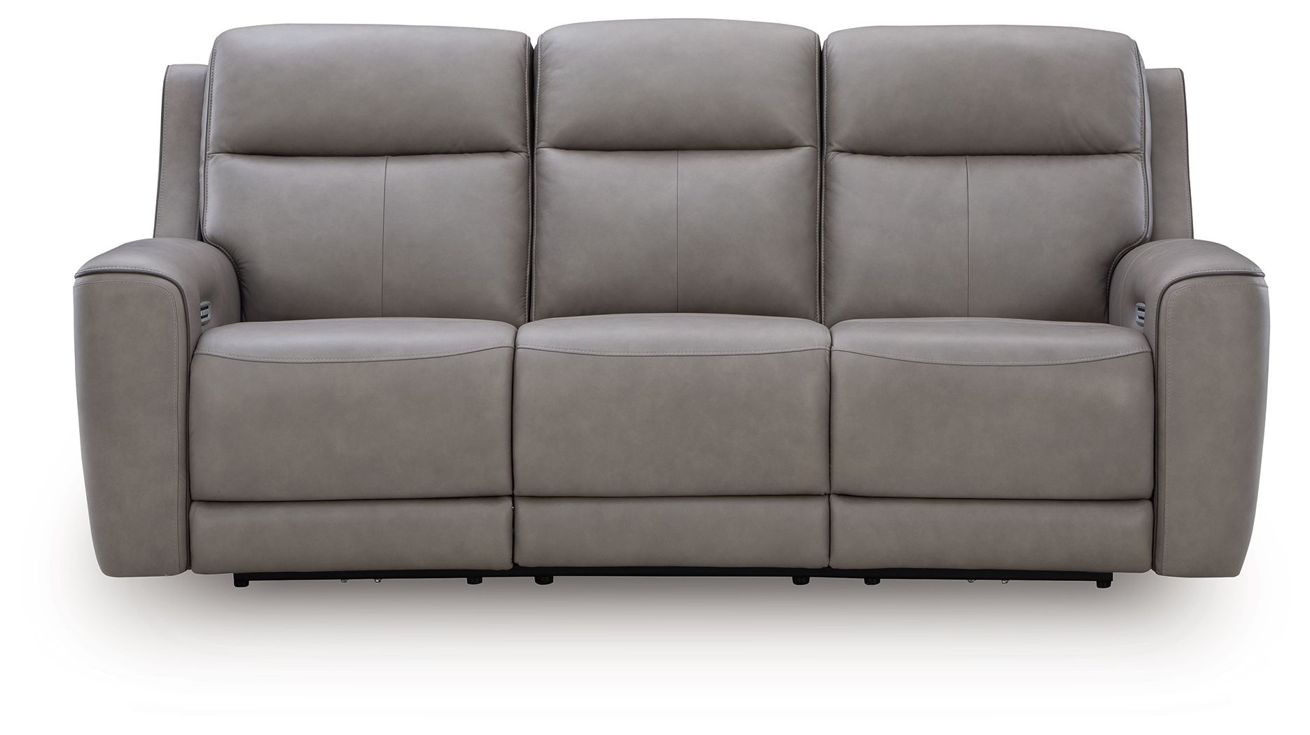 Power reclining sofa with adjustable headrests, light gray upholstery, three-seat design