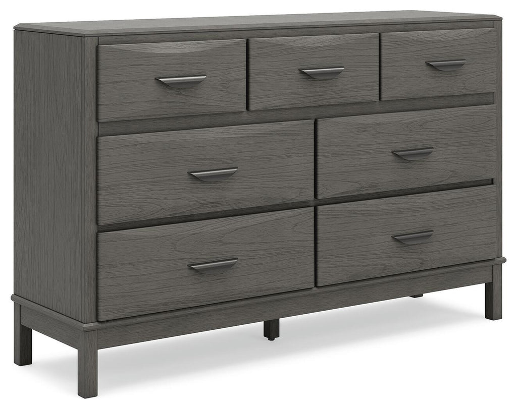 Gray wooden dresser with six drawers, silver bar pulls, and tapered legs
