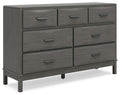 Gray wooden dresser with six drawers, silver bar pulls, and tapered legs