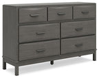 Gray wooden dresser with six drawers, silver bar pulls, and tapered legs