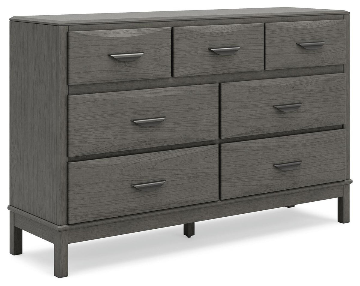 Gray wooden dresser with six drawers, silver bar pulls, and tapered legs