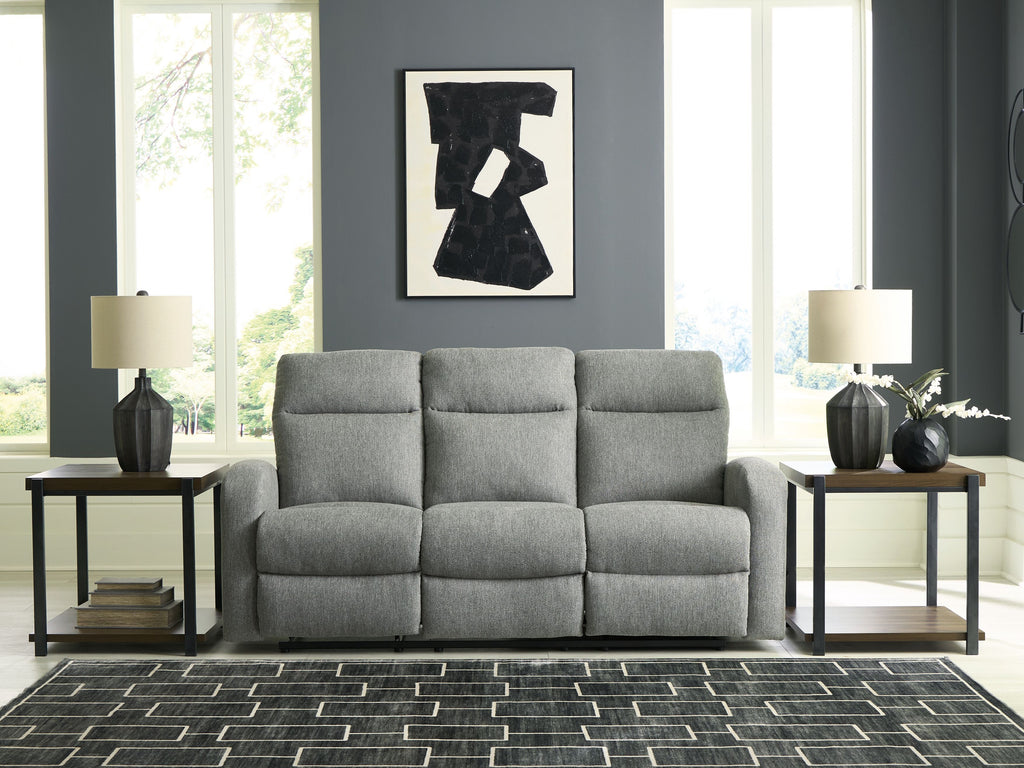 Gauntlet Sterling reclining sofa, gray upholstery with three padded back sections