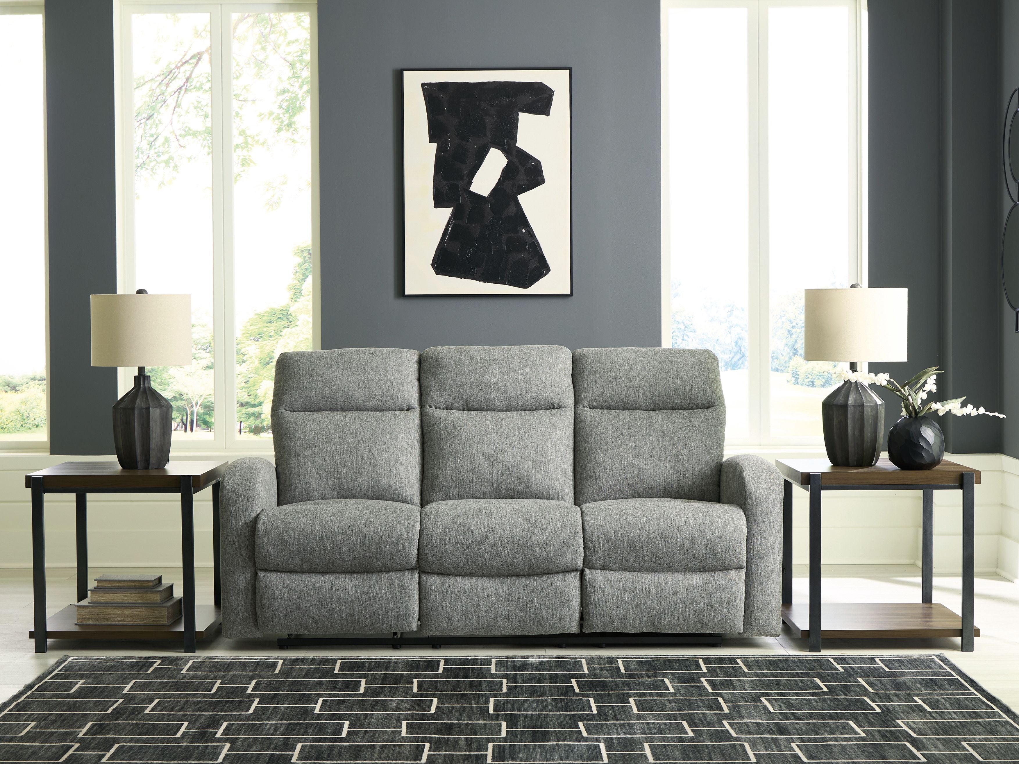 Gauntlet Sterling reclining sofa, gray upholstery with three padded back sections