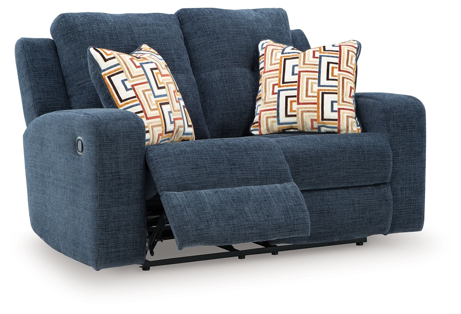 Blue reclining loveseat with two patterned throw pillows and visible footrest