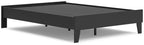 Platform bed with black frame and black slatted mattress support, low legs