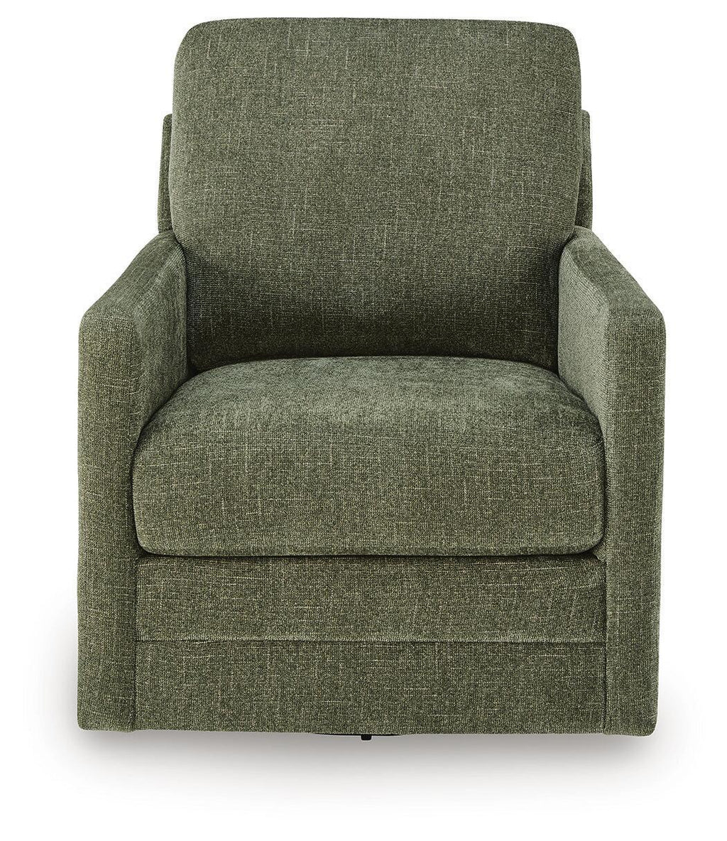 Green swivel accent chair with upholstered arms and boxy backrest.