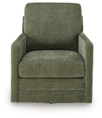 Green swivel accent chair with upholstered arms and boxy backrest.
