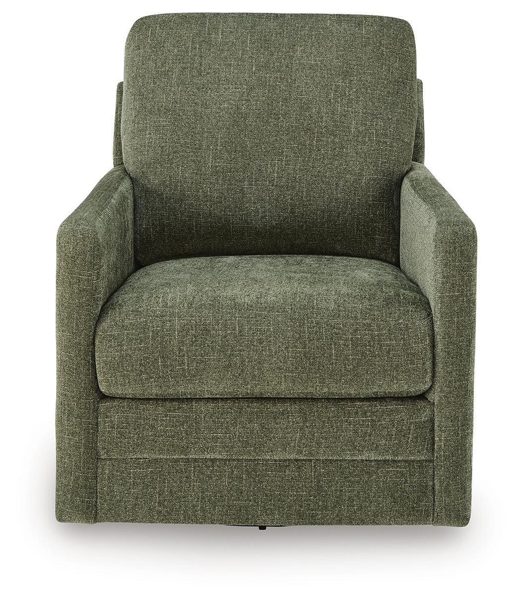 Green swivel accent chair with upholstered arms and boxy backrest.