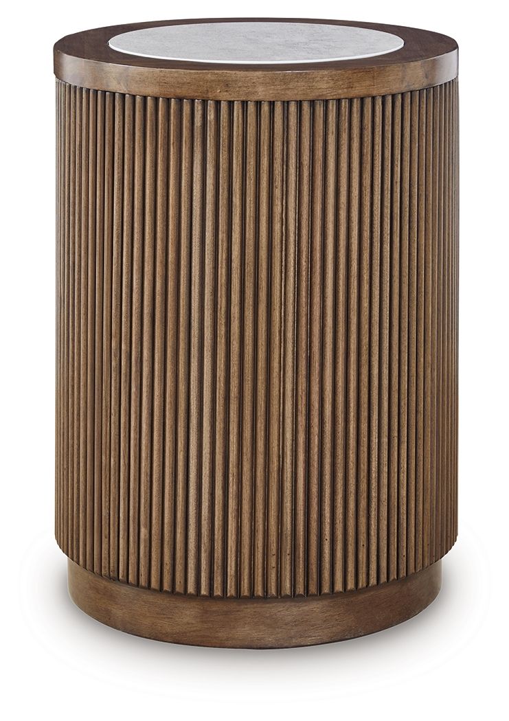 Round side table with light brown slatted wood sides and gray circular tabletop.