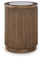 Round side table with light brown slatted wood sides and gray circular tabletop.