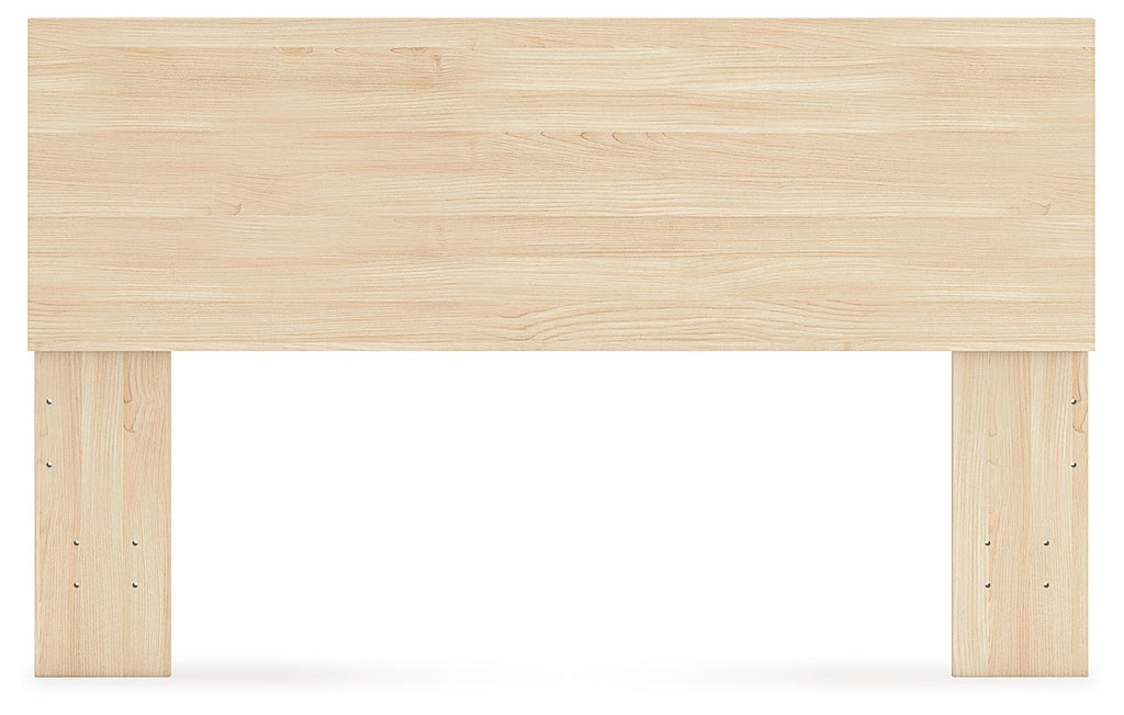 Light wood panel headboard with top panel and two end posts.