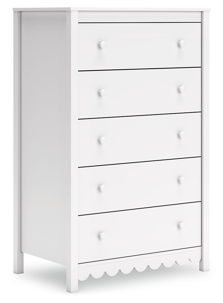 White five-drawer chest with round knob pulls and scalloped base detail