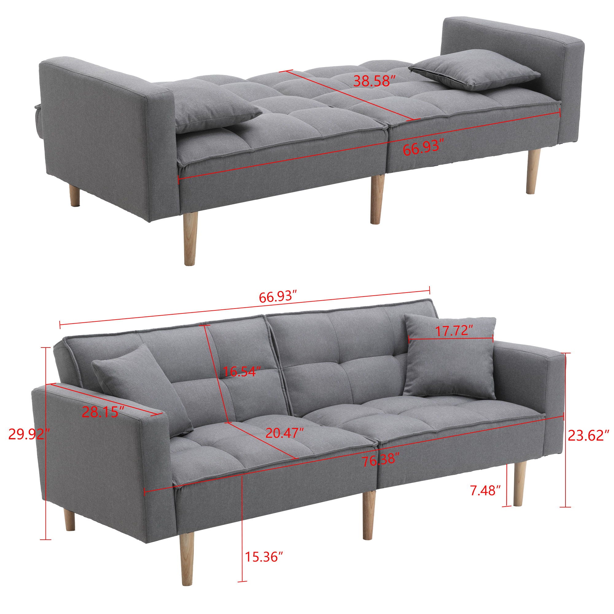 Dongheng Convertible Futon Sofa Bed For Living Room, Linen Sofa With Solid Wooden Legs, Light Gray