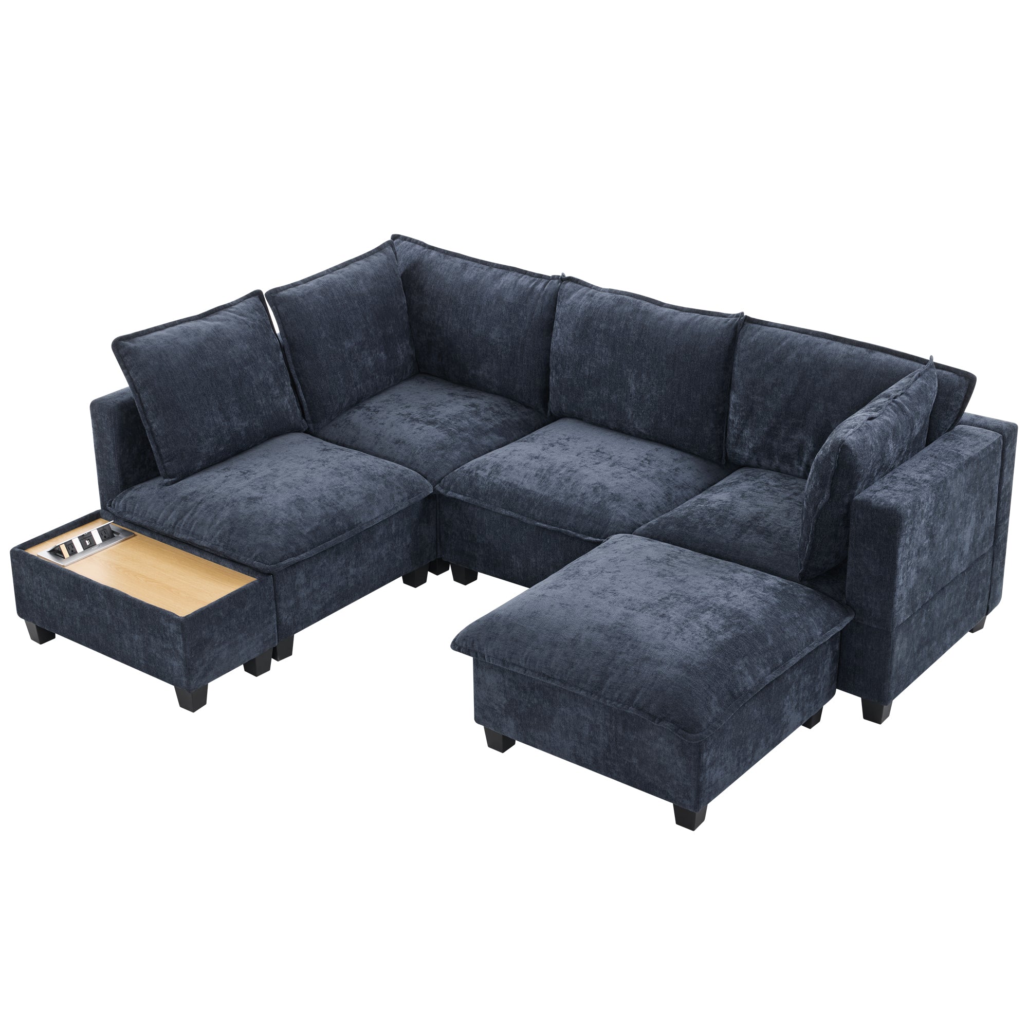 Modular 90' U-Shaped Sectional Sofa, Ottoman, Charging Table
