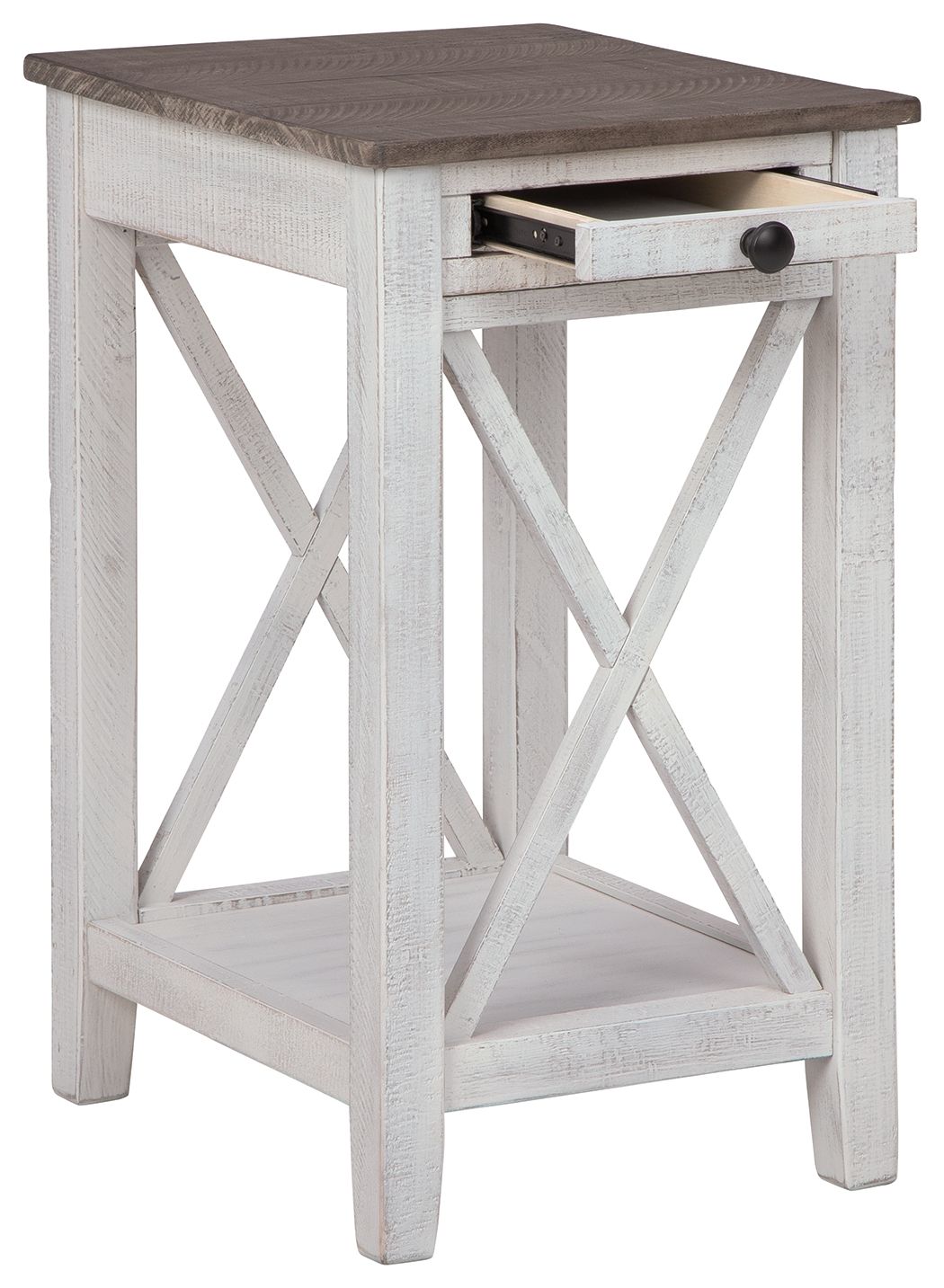 Accent table with drawer, open shelf, weathered white frame and dark gray top.