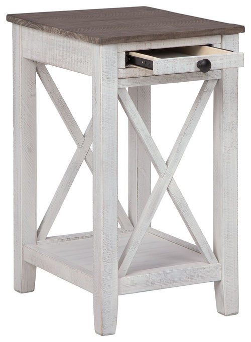 Accent table with drawer, open shelf, weathered white frame and dark gray top.