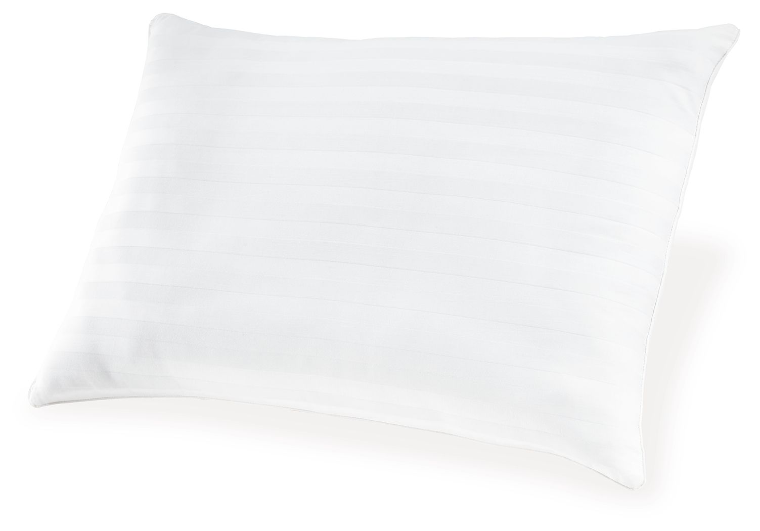White cotton pillow, square, subtle horizontal stitched texture, close-up view