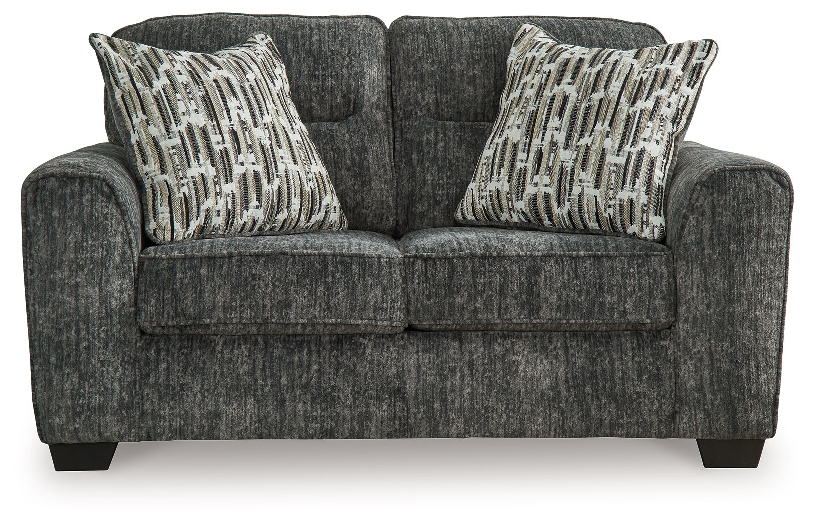 Textured gunmetal gray loveseat with two patterned throw pillows and armrests