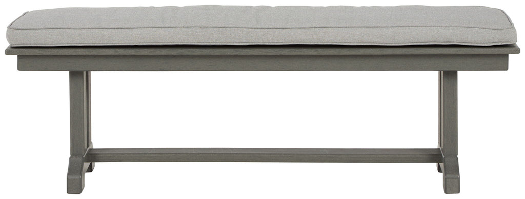 Gray bench with gray cushion top and open underside, straight legs and crossbar