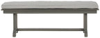 Gray bench with gray cushion top and open underside, straight legs and crossbar