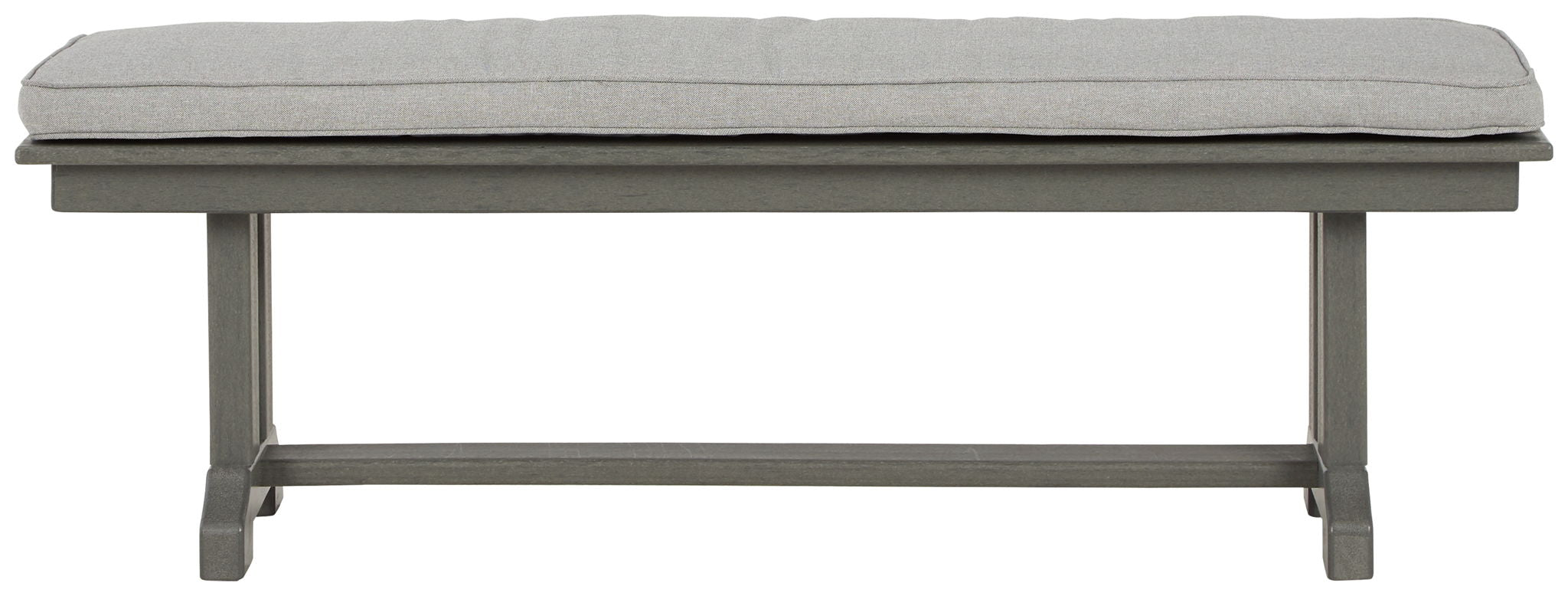 Gray bench with gray cushion top and open underside, straight legs and crossbar