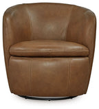 Tan leather-look swivel chair with curved backrest and padded seat, stitched detailing.
