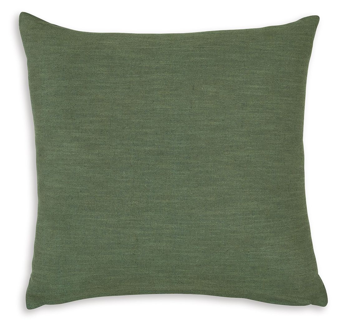Green square throw pillow with plain woven texture and stitched edges