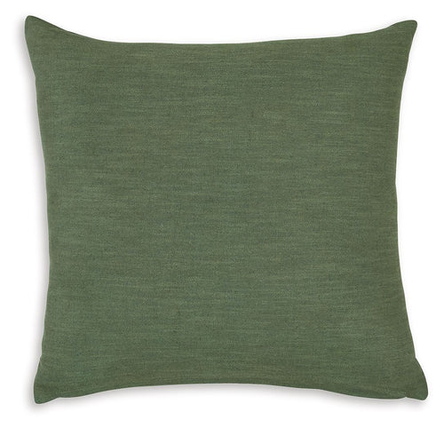 Green square throw pillow with plain woven texture and stitched edges